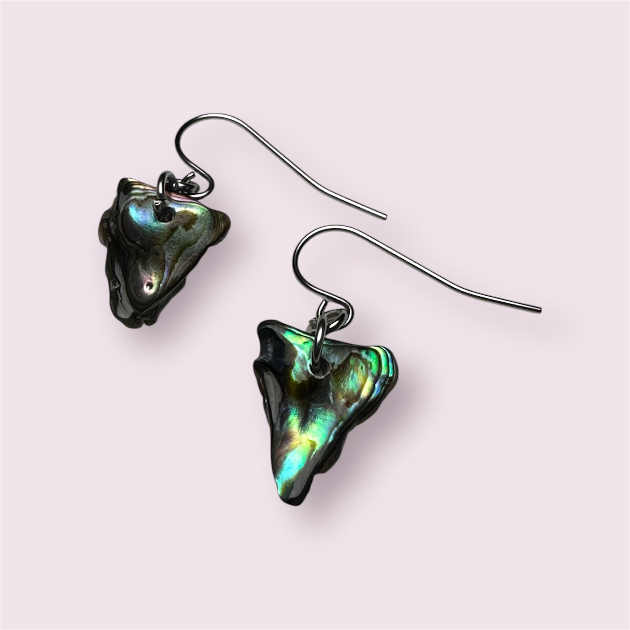 New Zealand Paua shell earrings with modern stainless steel design