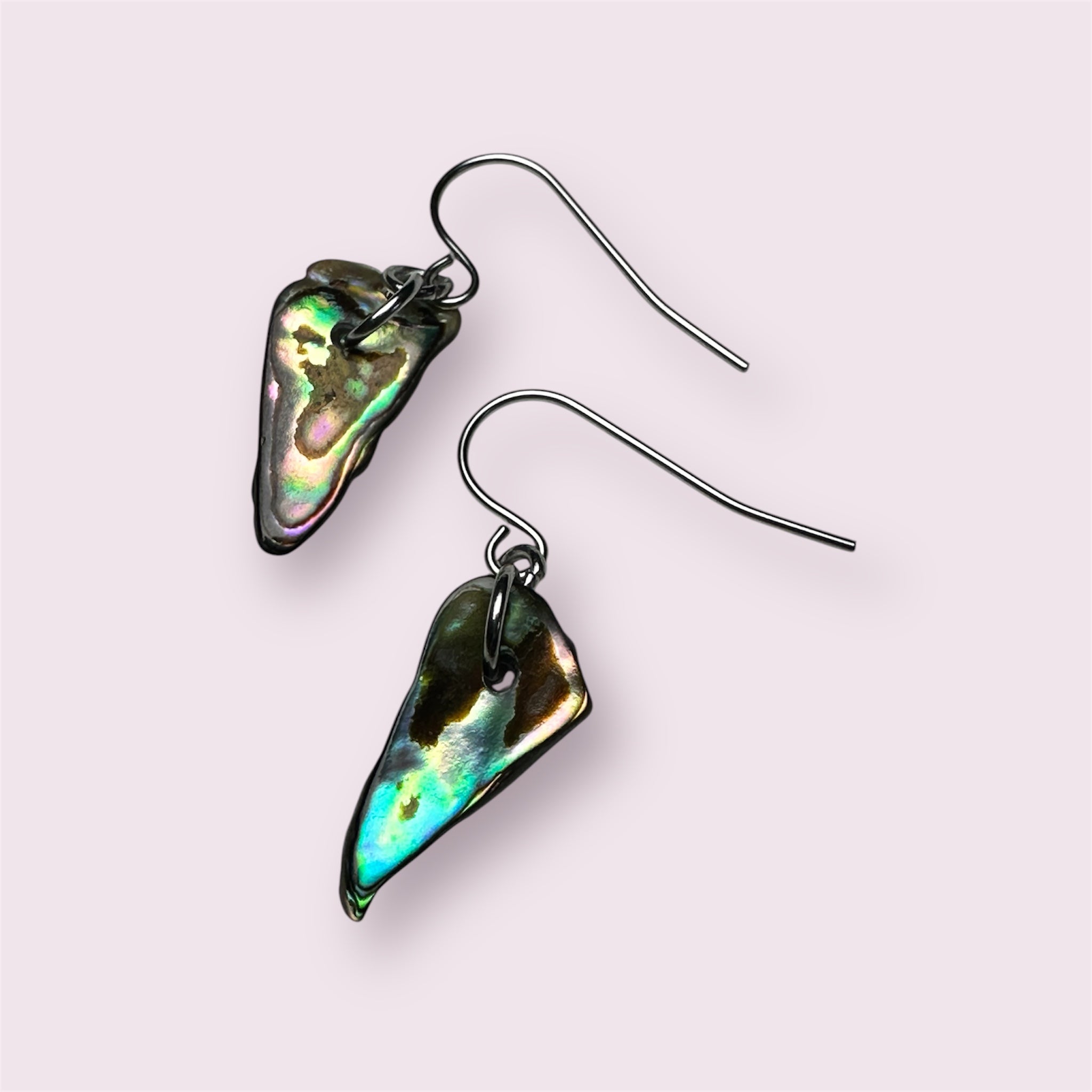 Stainless steel earrings featuring colourful NZ Paua shell drops