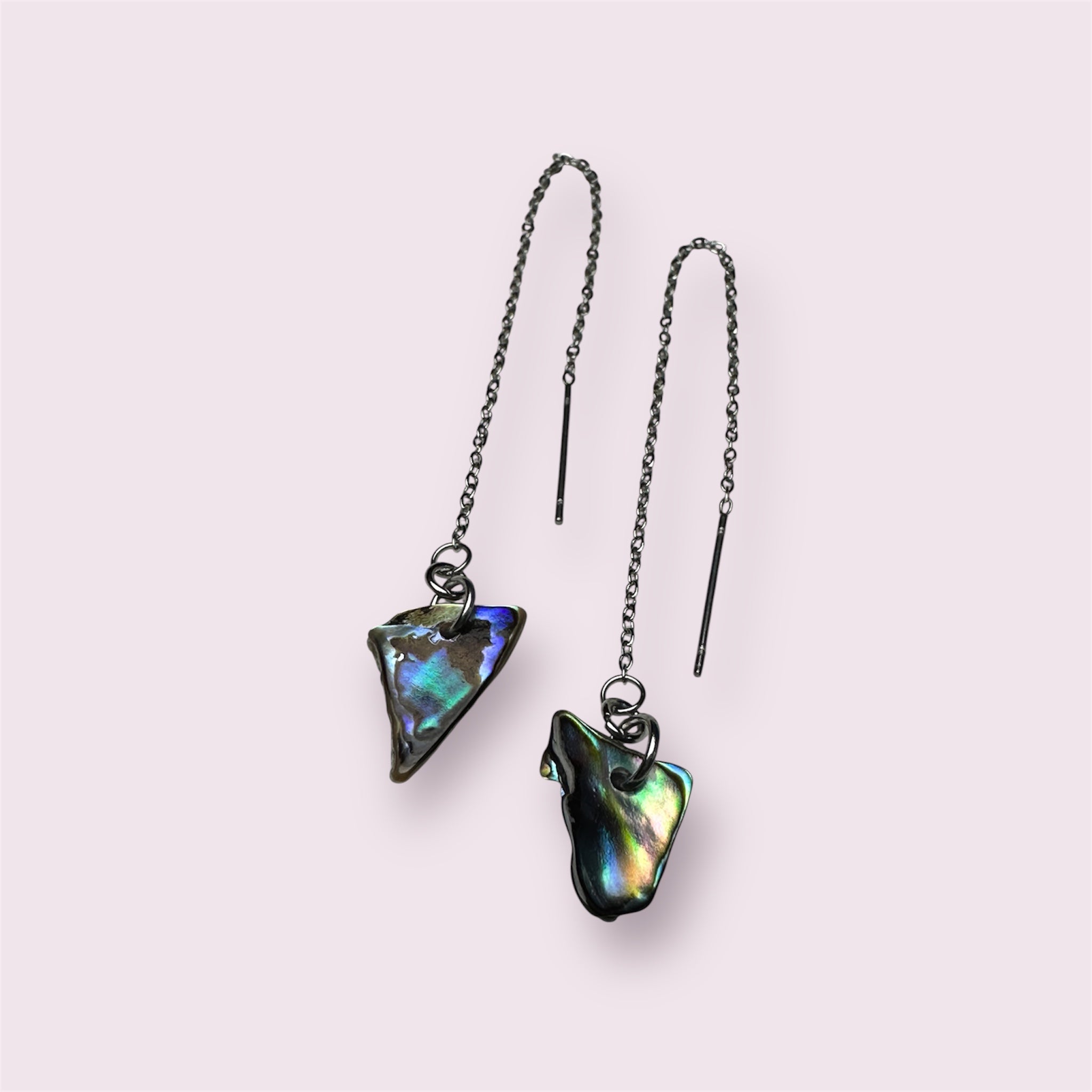 Modern thread-through earrings with real Paua shell