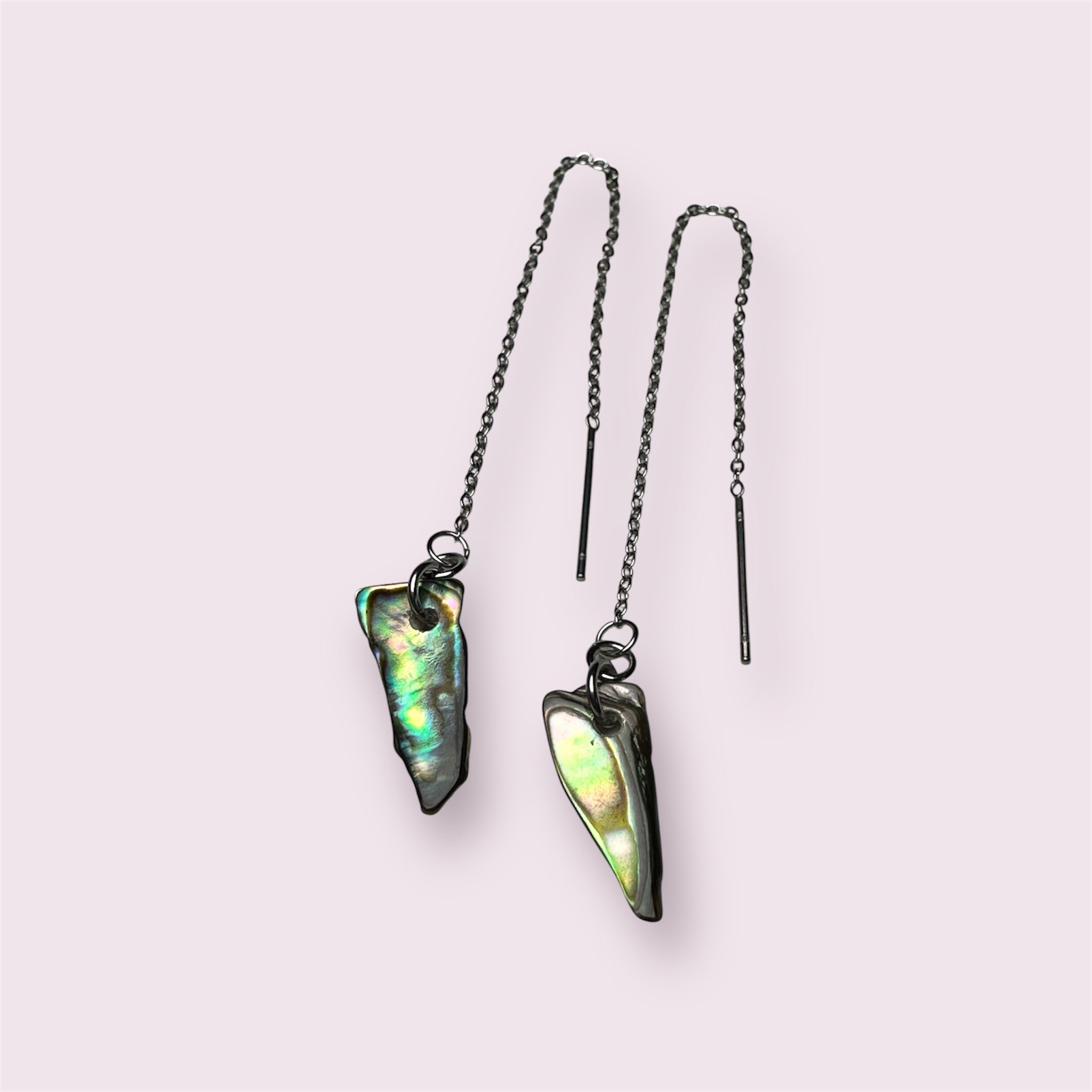 Coastal-inspired Paua shell earrings in stainless steel thread style