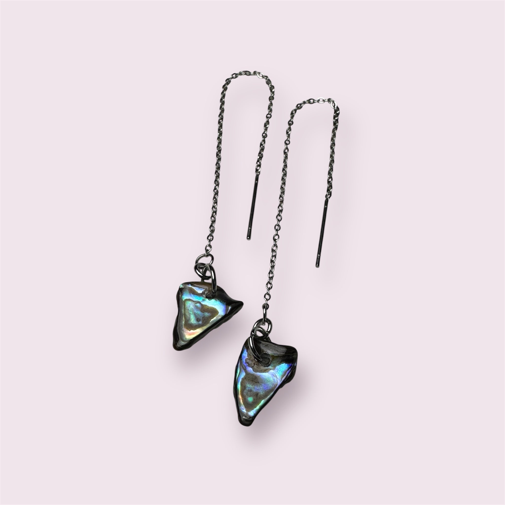 Thread-through stainless steel earrings with iridescent Paua shell