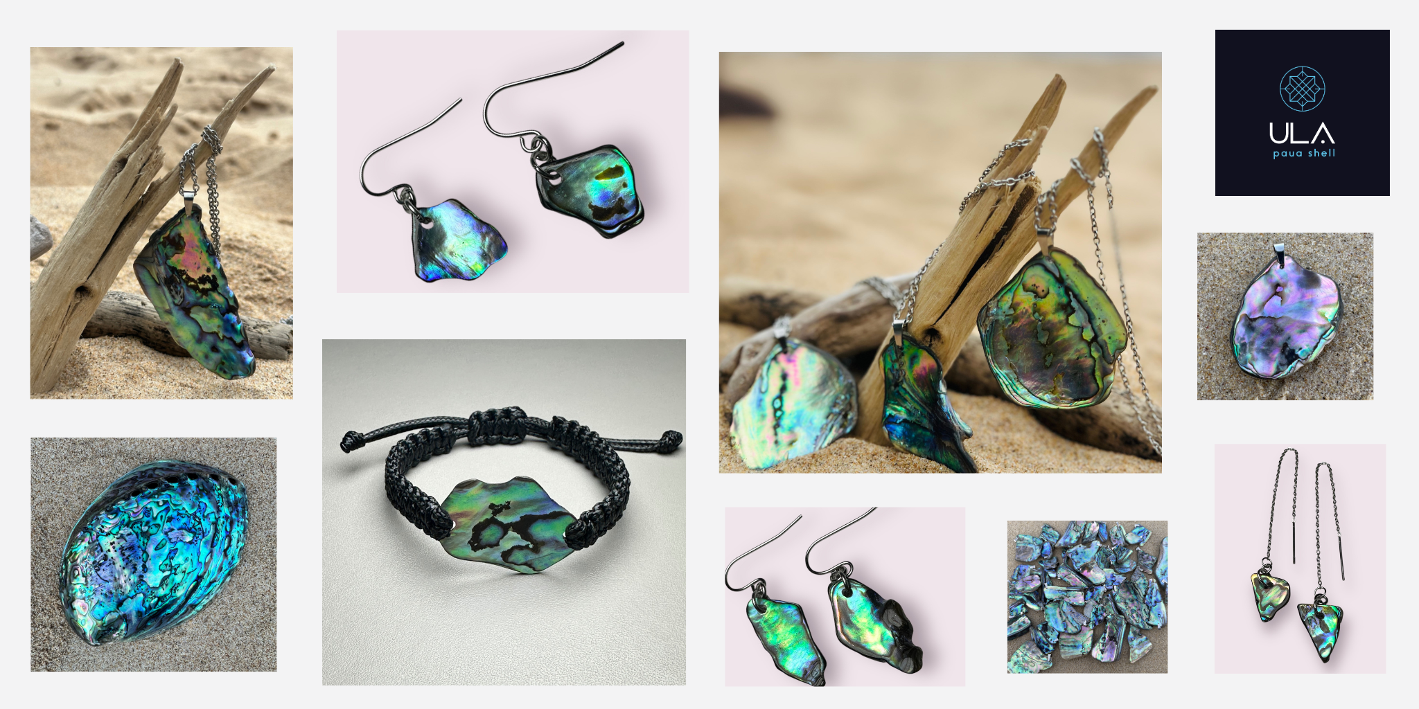 Handcrafted NZ Paua Shell Pendants, Earrings, and Bracelets showcasing iridescent blue, green, pink, and purple hues, made in Australia